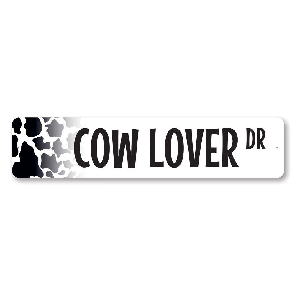 A decorative Cow Lover Street Sign made of aluminum, featuring a charming cow design, perfect for home decor.