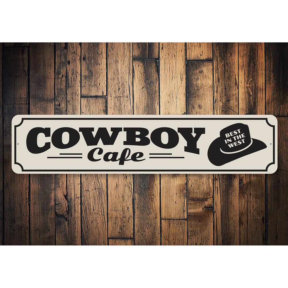 A rustic Cowboy Cafe Sign made of high-quality aluminum, featuring a charming design suitable for barns and kitchens.