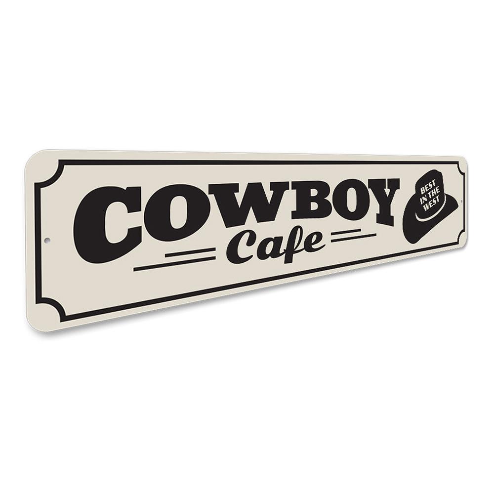 A rustic Cowboy Cafe Sign made of high-quality aluminum, featuring a charming design suitable for barns and kitchens.