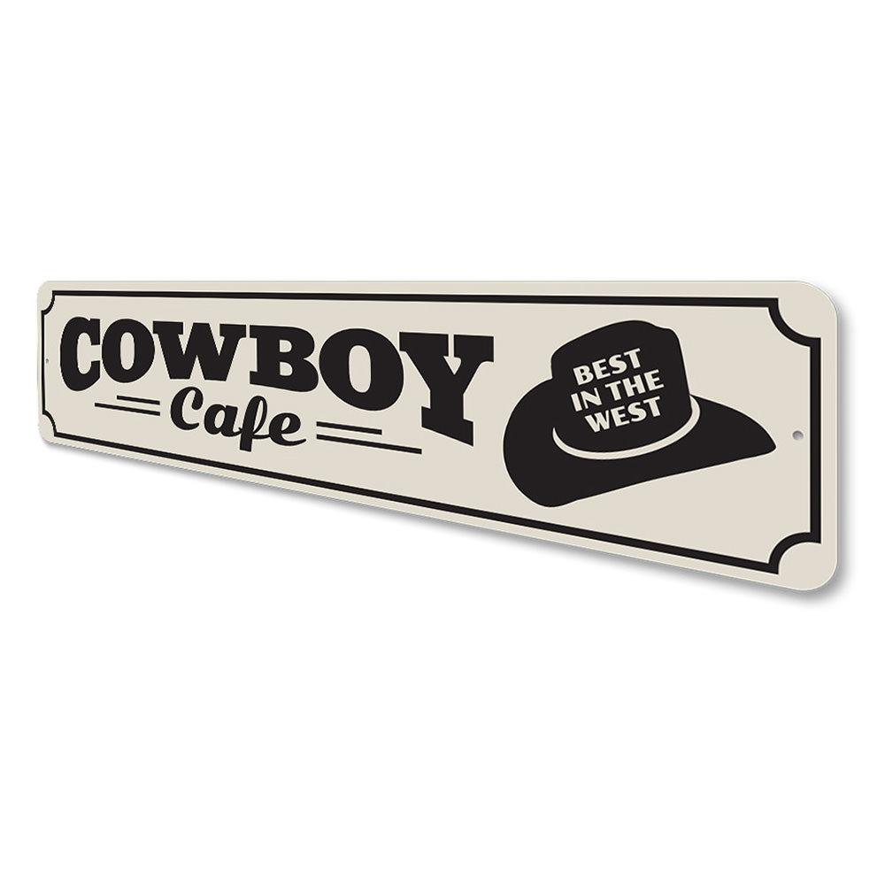 A rustic Cowboy Cafe Sign made of high-quality aluminum, featuring a charming design suitable for barns and kitchens.