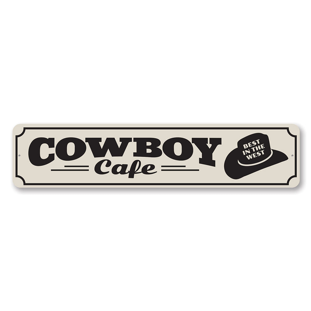 A rustic Cowboy Cafe Sign made of high-quality aluminum, featuring a charming design suitable for barns and kitchens.