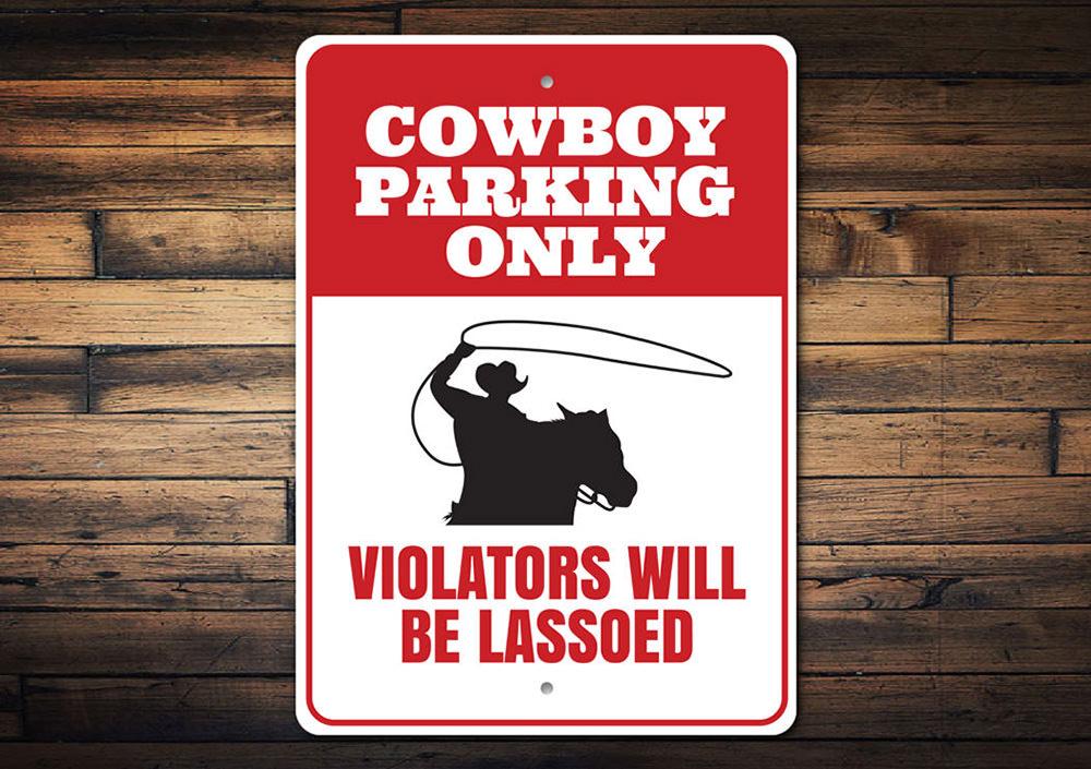 Cowboy Parking Sign made of high-quality aluminum, featuring rustic design elements suitable for barns and farmhouses.