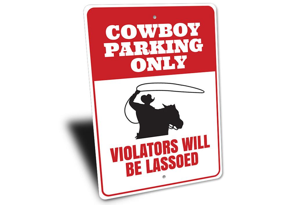 Cowboy Parking Sign made of high-quality aluminum, featuring rustic design elements suitable for barns and farmhouses.