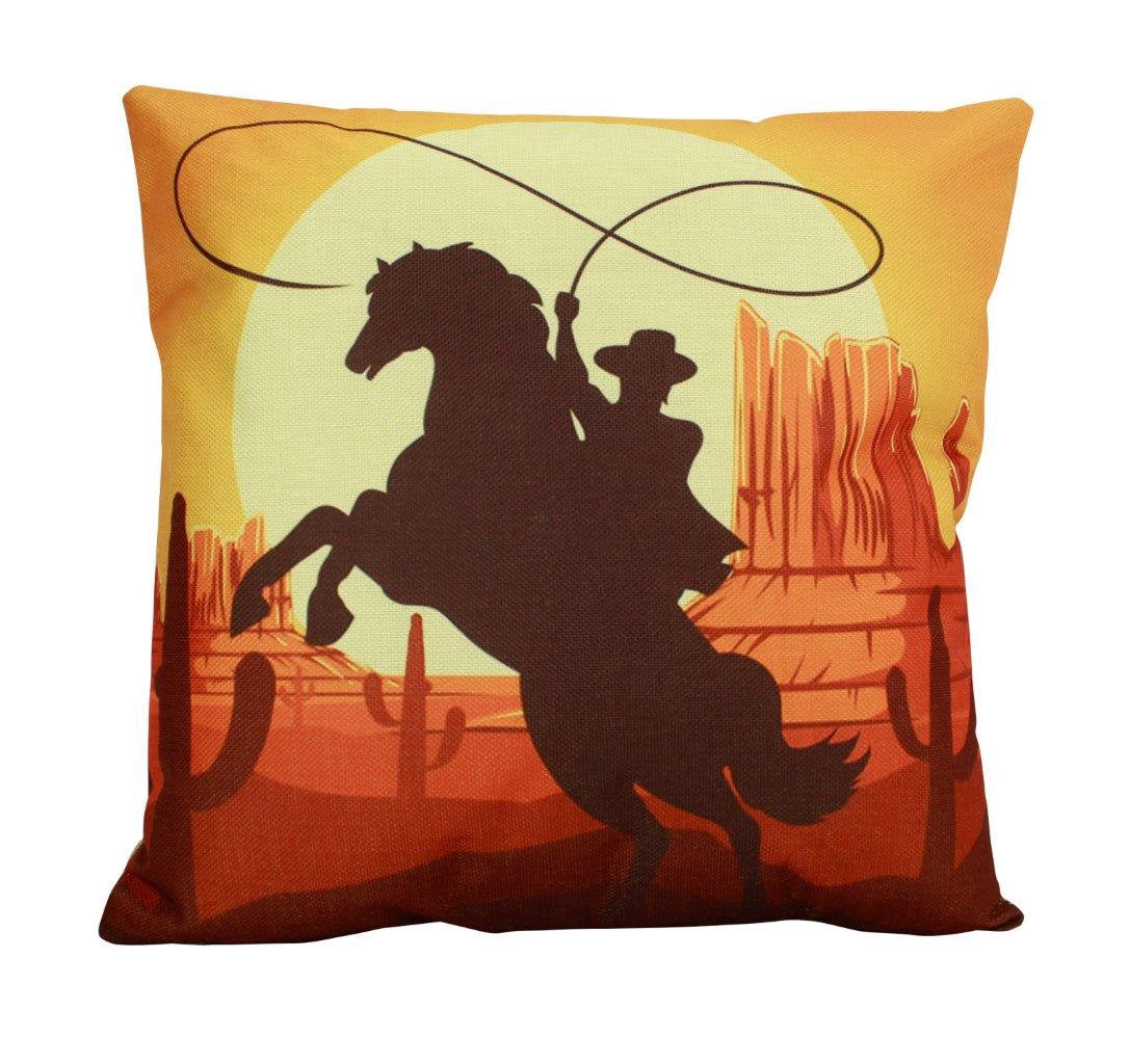 Cowboy throw pillow featuring a South West cowboy design, beige back, and concealed zipper, perfect for horse lovers and home decor.