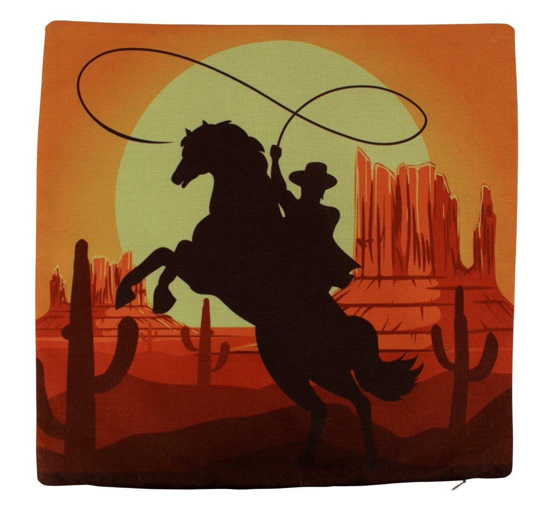 Cowboy throw pillow featuring a South West cowboy design, beige back, and concealed zipper, perfect for horse lovers and home decor.