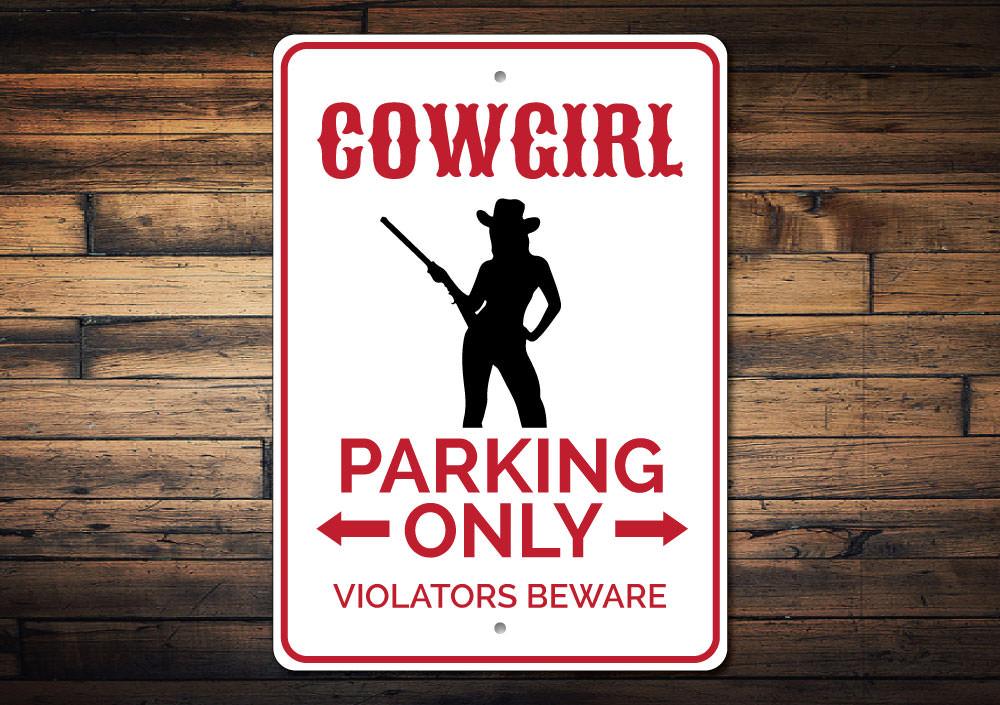 A vibrant Cowgirl Parking Sign made of durable aluminum, featuring a unique design for reserved parking spots.