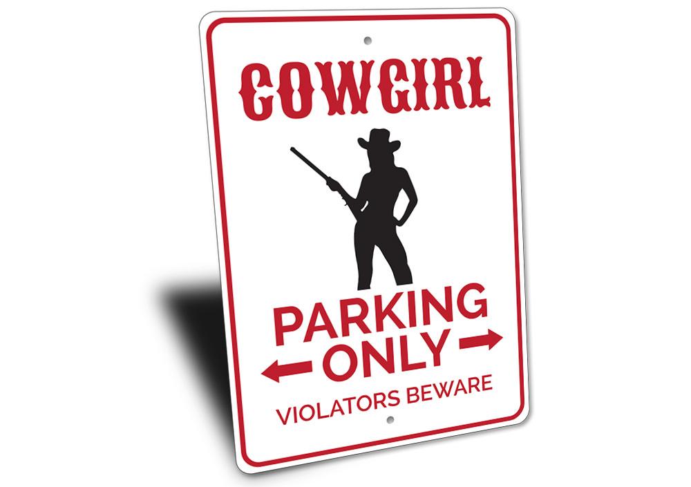 A vibrant Cowgirl Parking Sign made of durable aluminum, featuring a unique design for reserved parking spots.