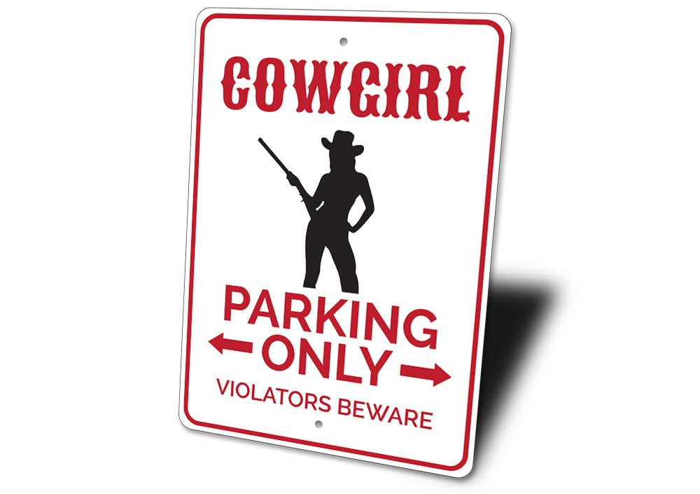 A vibrant Cowgirl Parking Sign made of durable aluminum, featuring a unique design for reserved parking spots.