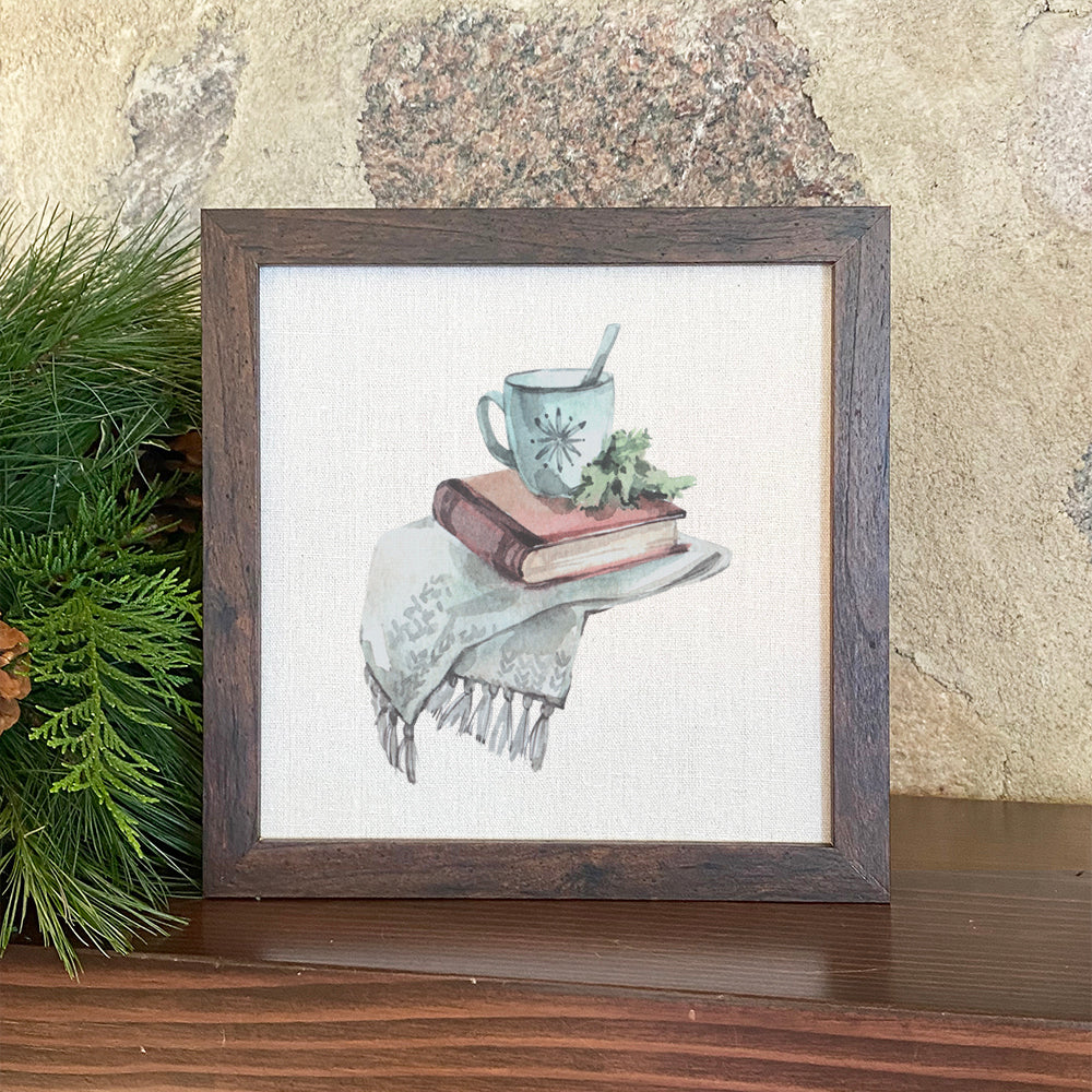 Cozy Book Framed Sign with a stylized wood frame, featuring eco-friendly ink printing on a linen-look background.