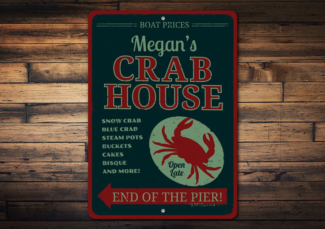 A beautifully crafted Crab House Sign made from high-quality aluminum, featuring customizable text and a coastal design, perfect for beach houses and seafood restaurants.