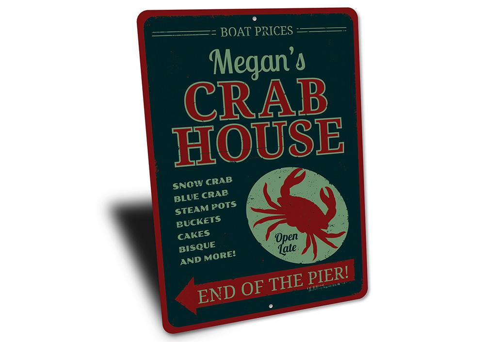 A beautifully crafted Crab House Sign made from high-quality aluminum, featuring customizable text and a coastal design, perfect for beach houses and seafood restaurants.