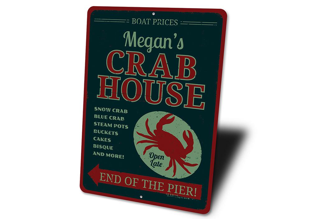 A beautifully crafted Crab House Sign made from high-quality aluminum, featuring customizable text and a coastal design, perfect for beach houses and seafood restaurants.