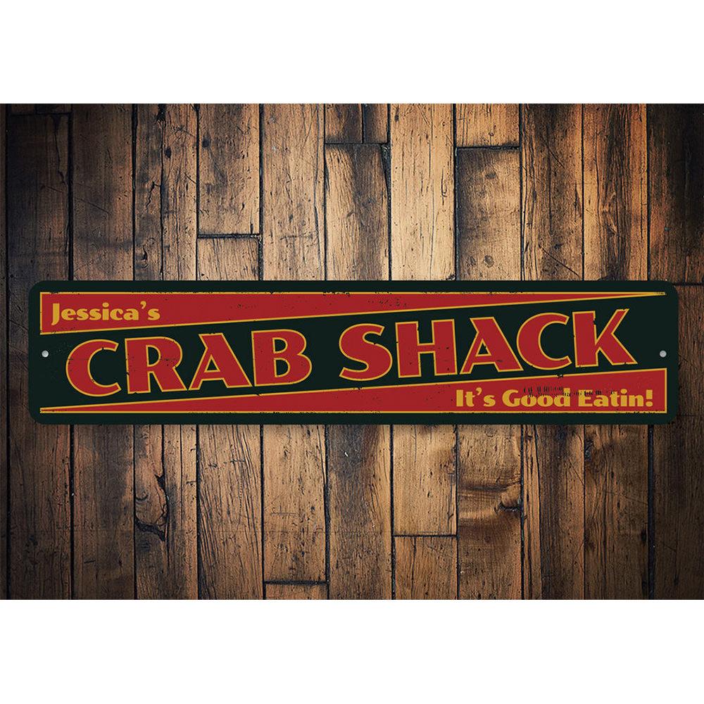 A vibrant Crab Shack Sign made of aluminum, featuring beach-themed graphics and customizable text, perfect for coastal decor.