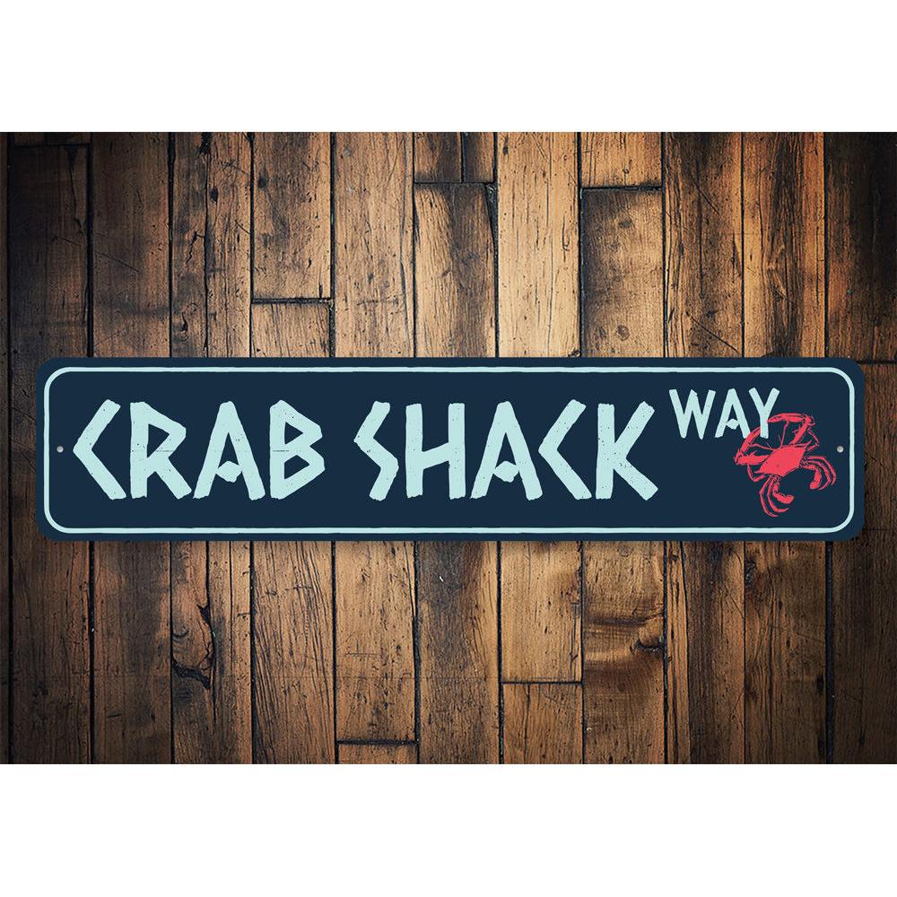 Crab Shack Way Sign made of high-quality aluminum, featuring a coastal design perfect for beach houses and seafood restaurants.