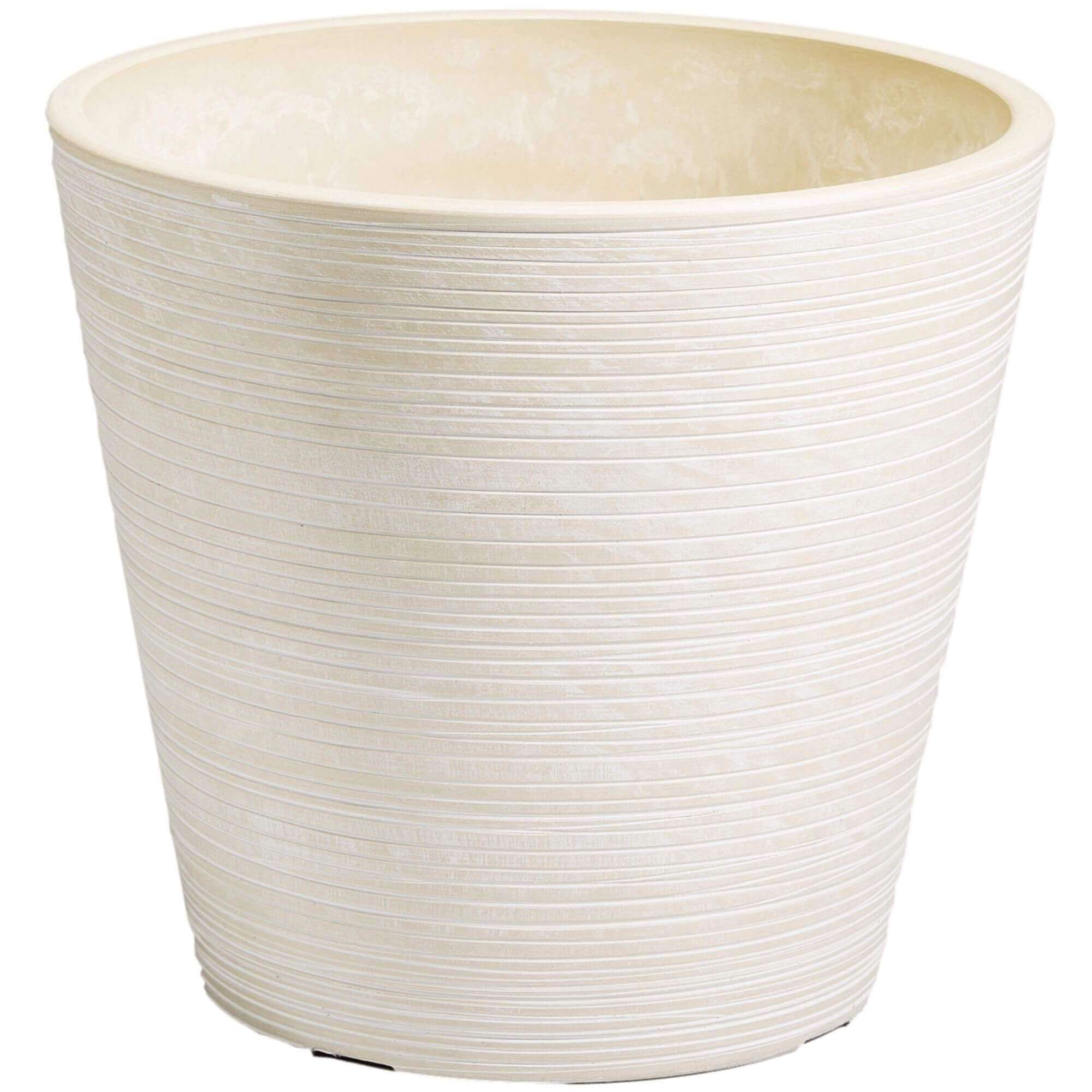 A decorative cream and white engraved pot made from recycled materials, featuring intricate hand-engraved designs, perfect for indoor or outdoor use.