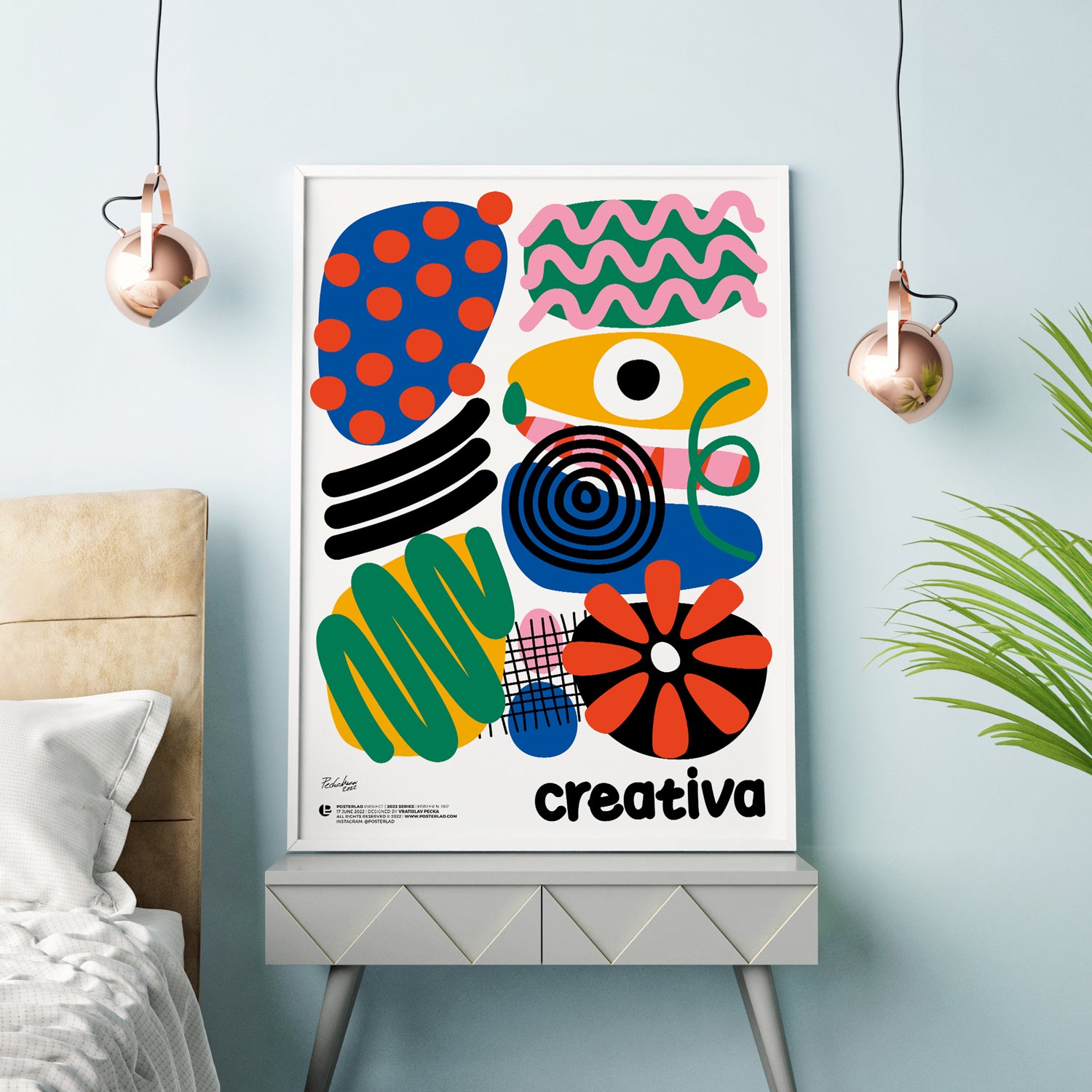 A vibrant Creativa poster showcasing colorful prints on thick matte paper, perfect for home decor.