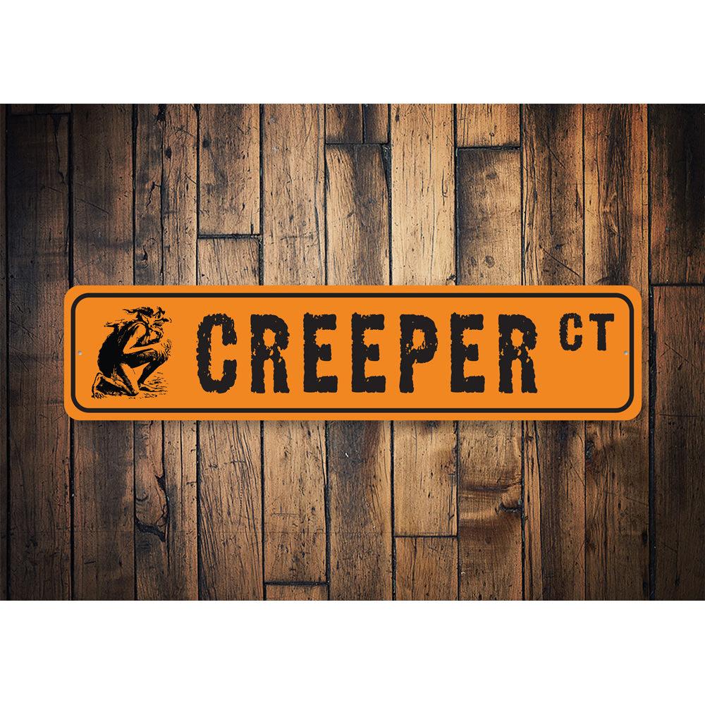 Creeper Street Sign made of high-quality aluminum, featuring customizable text and pre-drilled holes for easy mounting.