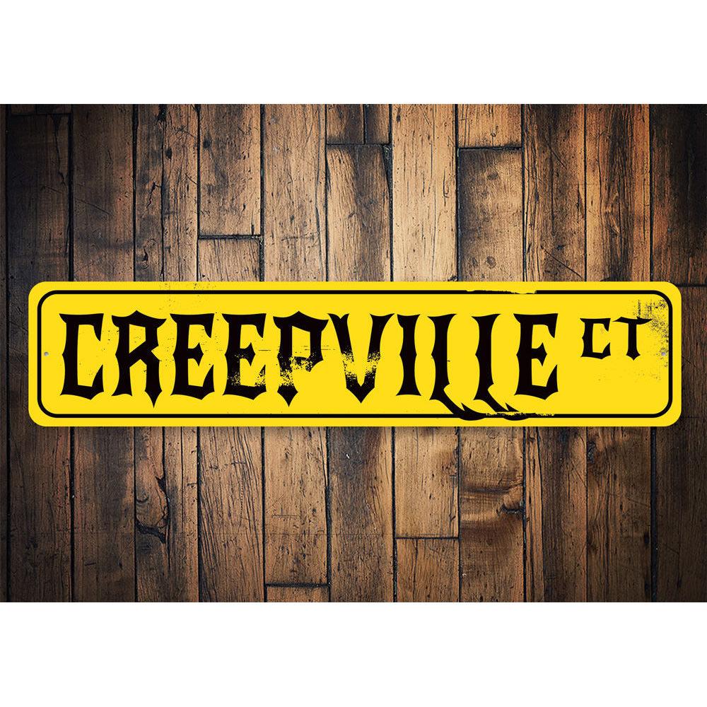 Creepville Court Sign featuring spooky Halloween design, made of durable aluminum with pre-drilled holes for easy mounting.