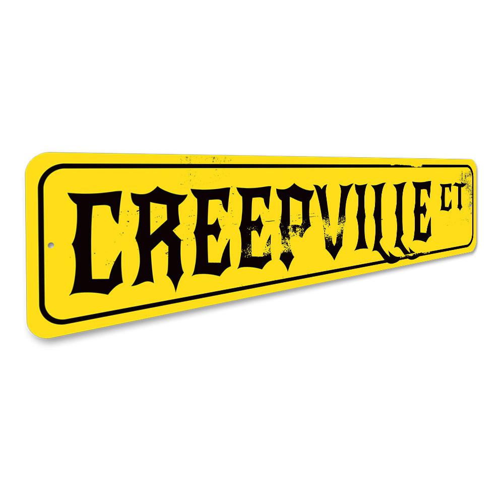 Creepville Court Sign featuring spooky Halloween design, made of durable aluminum with pre-drilled holes for easy mounting.