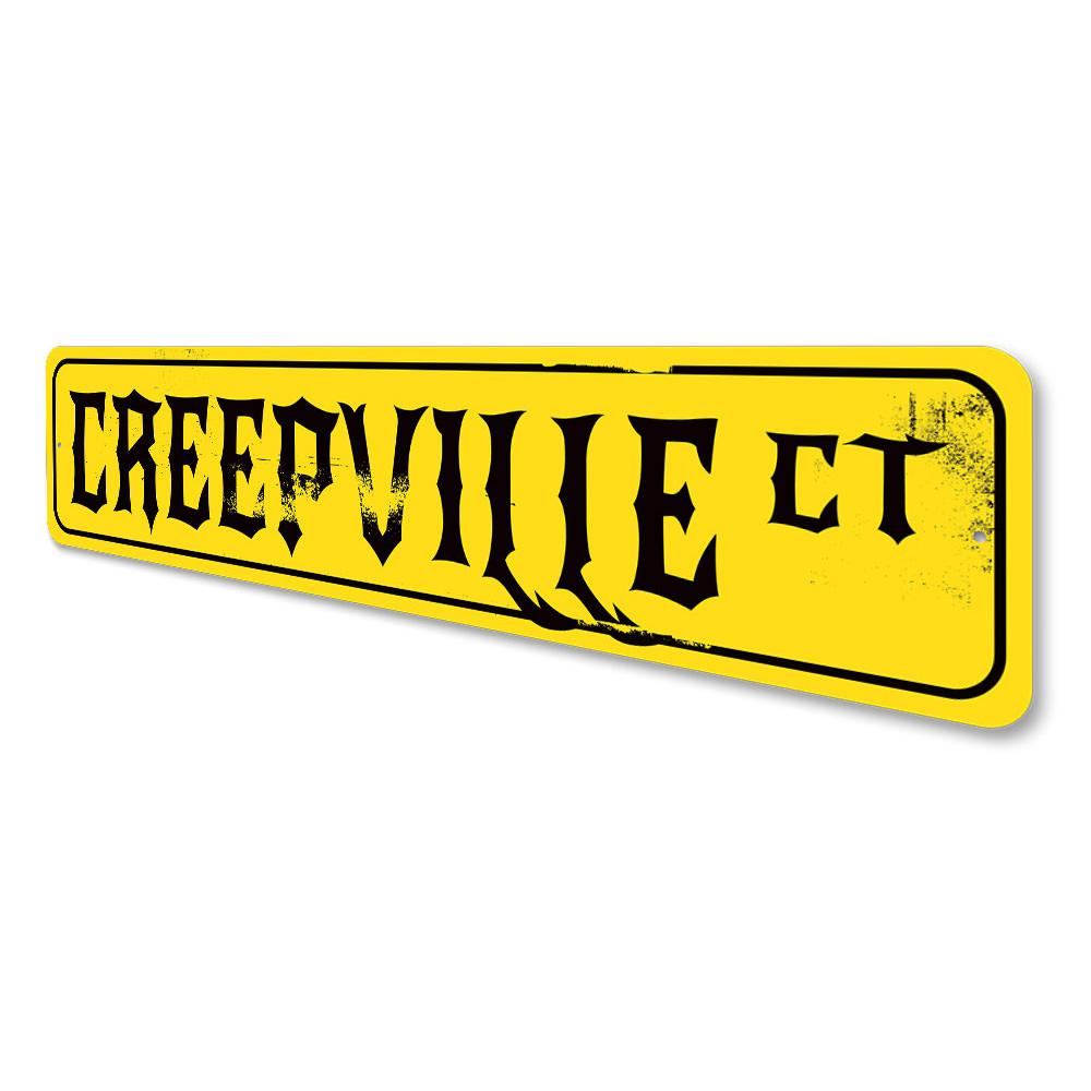 Creepville Court Sign featuring spooky Halloween design, made of durable aluminum with pre-drilled holes for easy mounting.