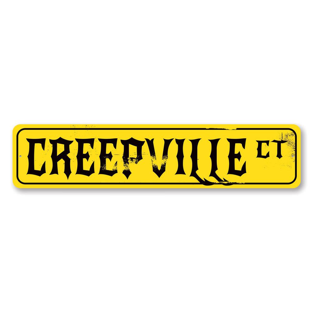 Creepville Court Sign featuring spooky Halloween design, made of durable aluminum with pre-drilled holes for easy mounting.