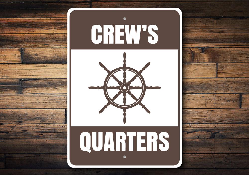 Customizable Crews Quarters sign made of high-quality aluminum, featuring a beach-themed design, perfect for coastal decor.