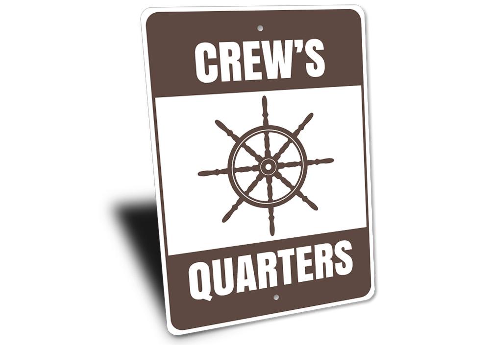 Customizable Crews Quarters sign made of high-quality aluminum, featuring a beach-themed design, perfect for coastal decor.