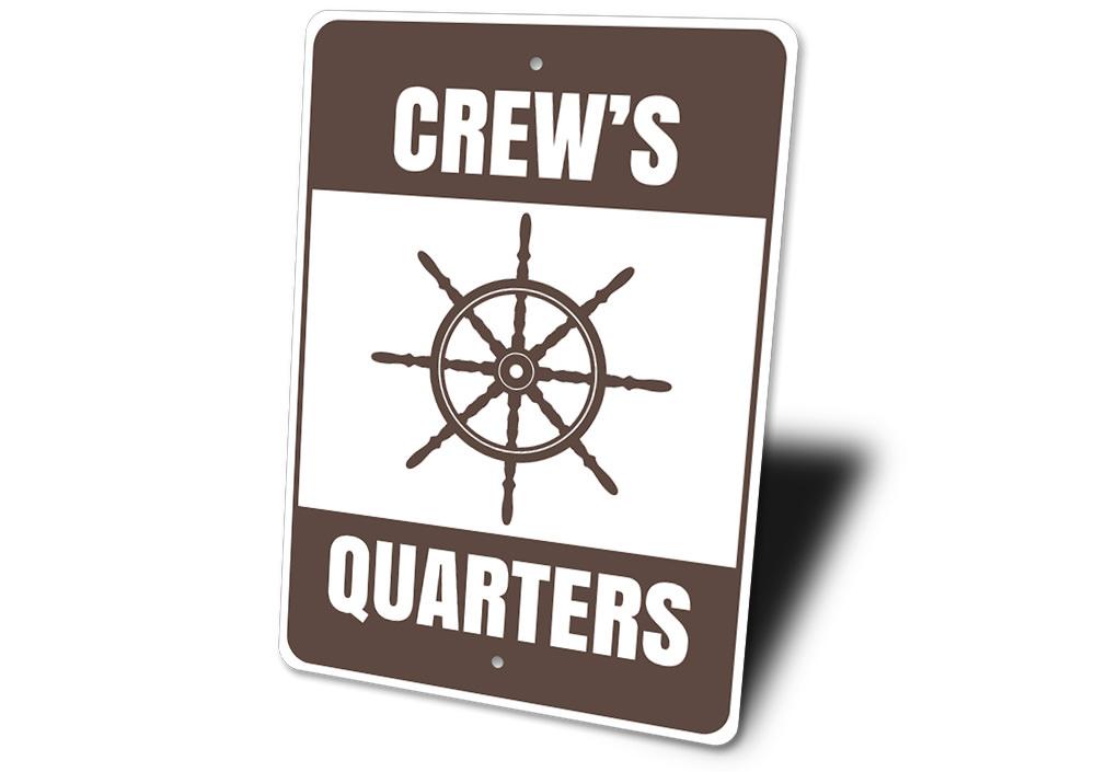 Customizable Crews Quarters sign made of high-quality aluminum, featuring a beach-themed design, perfect for coastal decor.