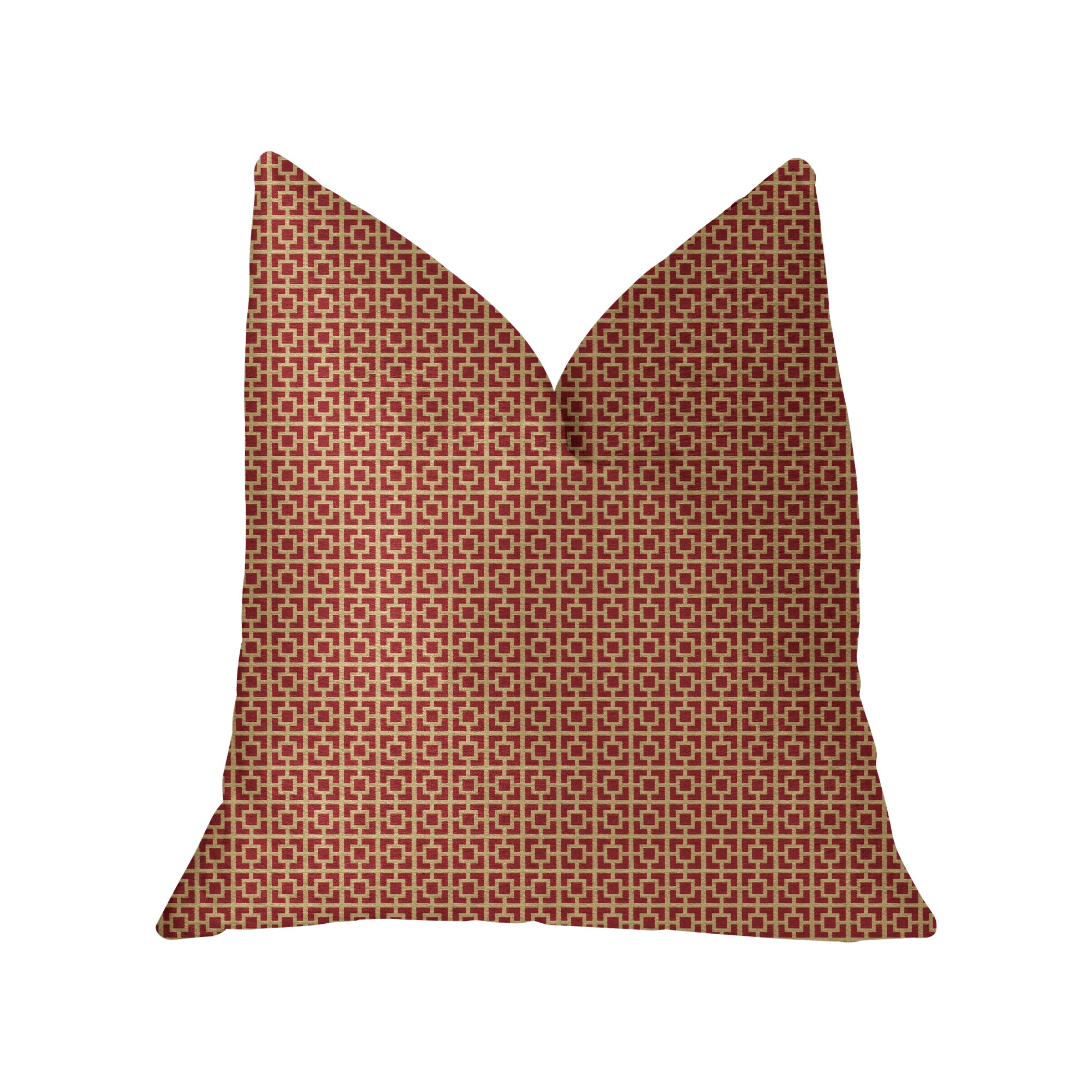 Crimson square throw pillow featuring a red and beige geometric pattern, handmade in the USA with a soft fabric blend.