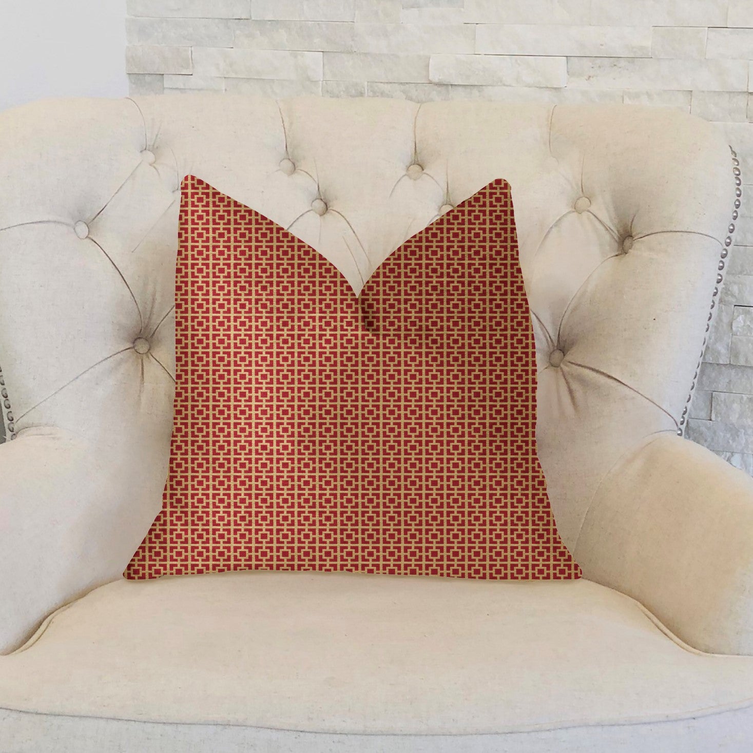 Crimson square throw pillow featuring a red and beige geometric pattern, handmade in the USA with a soft fabric blend.