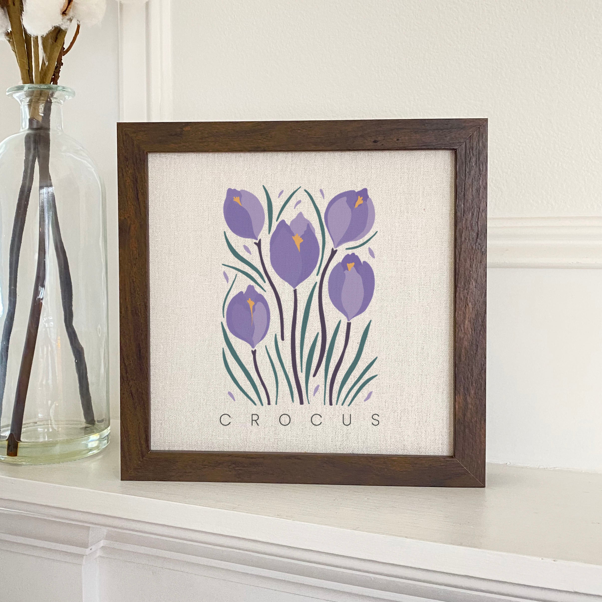 Crocus Garden Edition Framed Sign with a wood frame and linen-look background, perfect for home or garden decor.