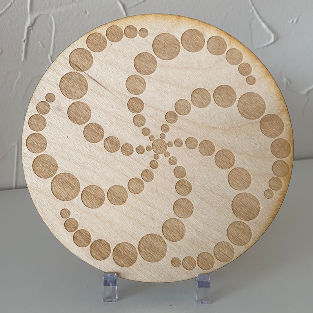 6-inch Crop Circle Crystal Grid made from birch wood, featuring intricate geometric patterns for crystal healing.