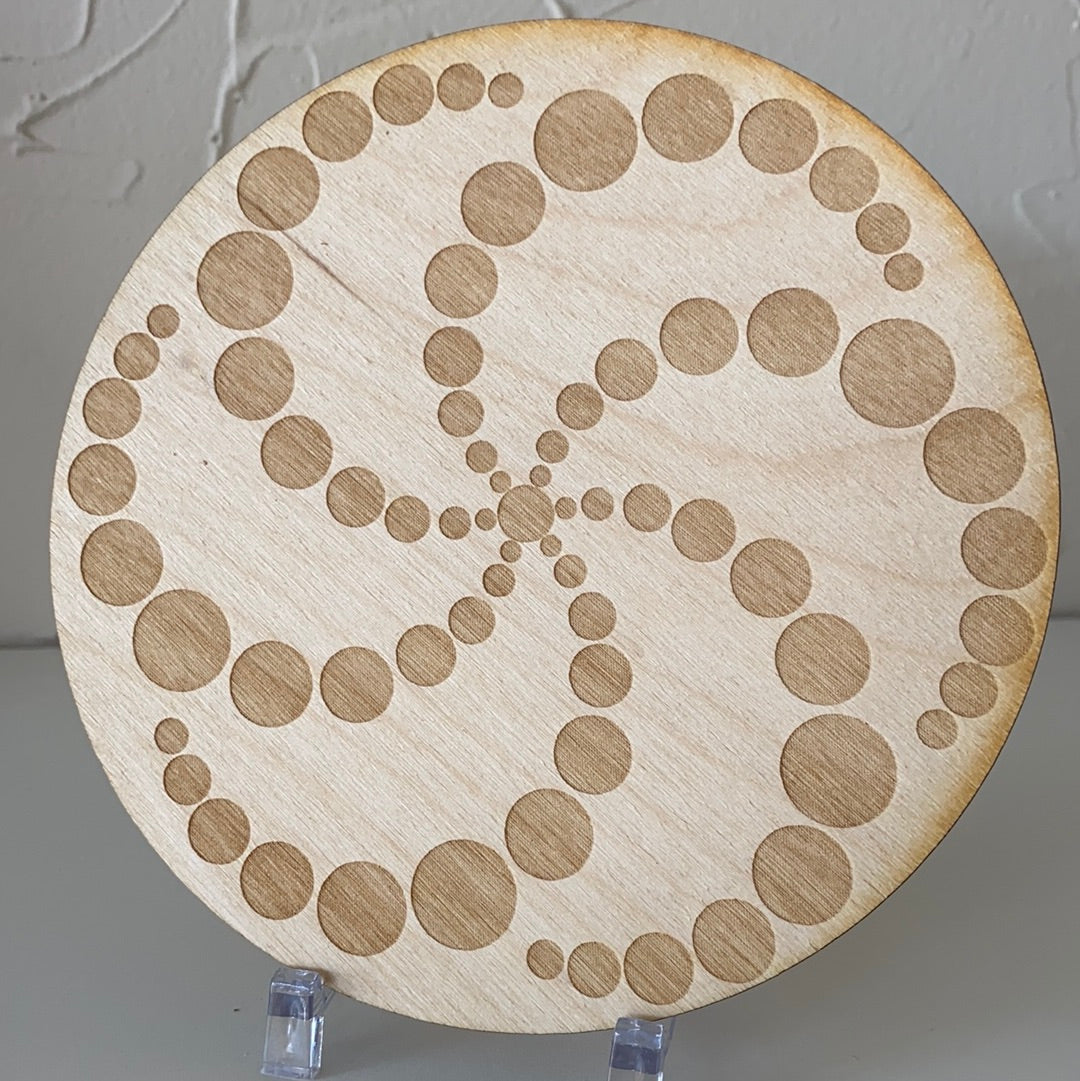 6-inch Crop Circle Crystal Grid made from birch wood, featuring intricate geometric patterns for crystal healing.