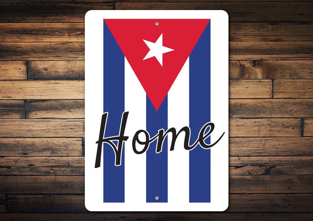 A decorative Cuban Home Sign made of high-quality aluminum, featuring customizable text and pre-drilled holes for easy mounting.