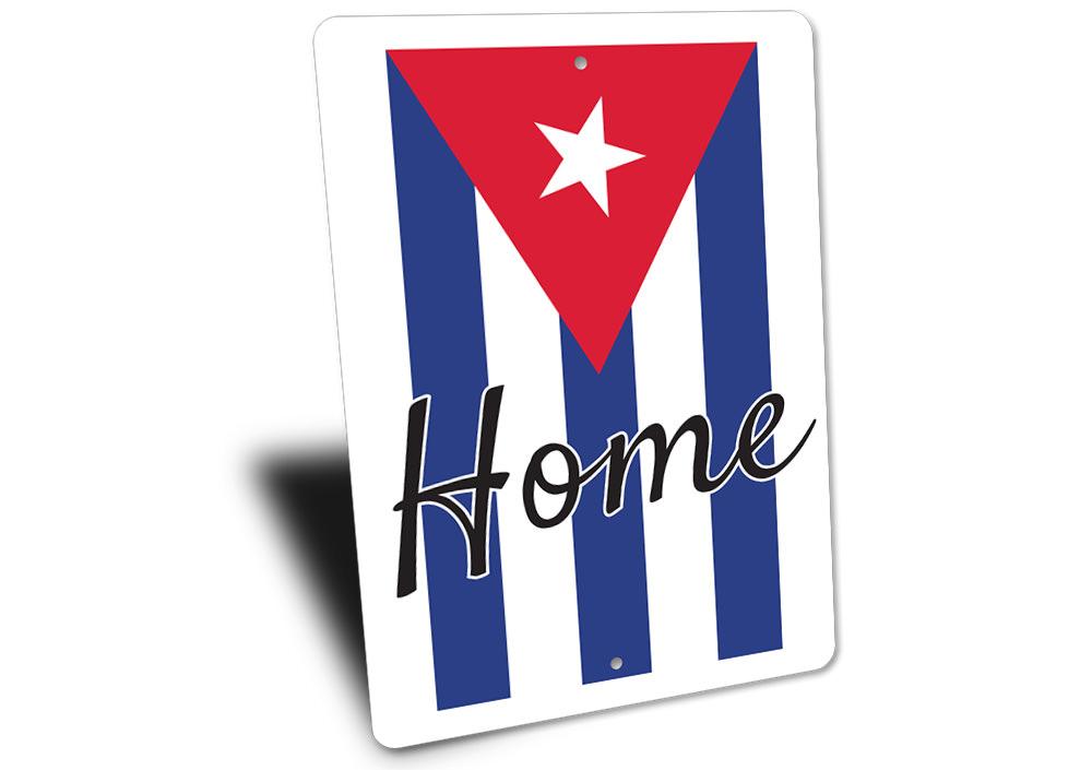 A decorative Cuban Home Sign made of high-quality aluminum, featuring customizable text and pre-drilled holes for easy mounting.