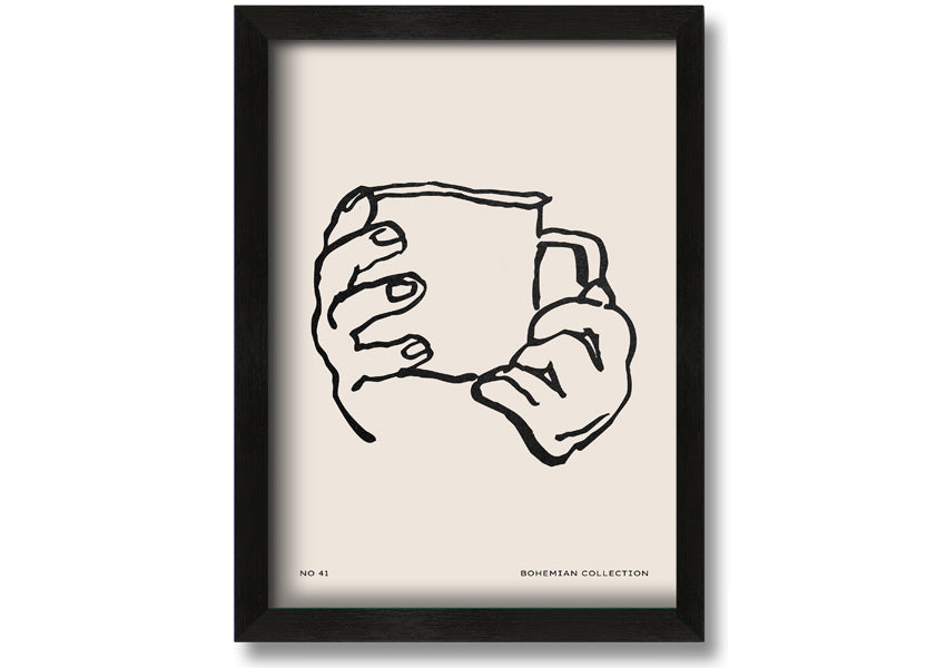 A beautifully framed print titled 'Cup In Hands', showcasing a unique artistic design, available in various frame colors.