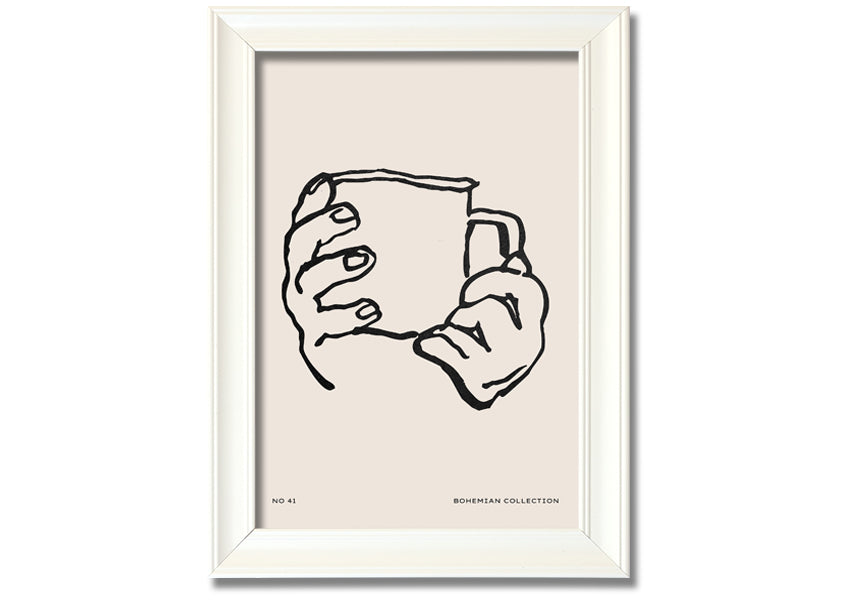 A beautifully framed print titled 'Cup In Hands', showcasing a unique artistic design, available in various frame colors.