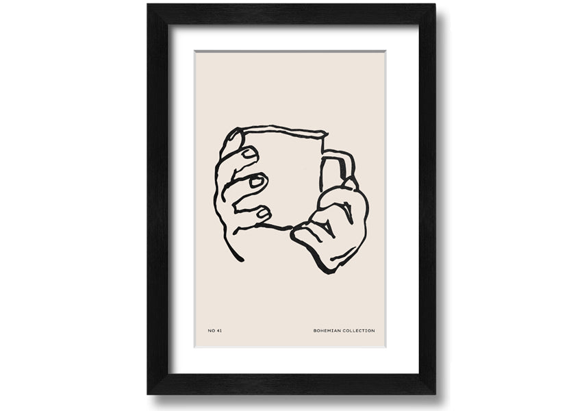 A beautifully framed print titled 'Cup In Hands', showcasing a unique artistic design, available in various frame colors.