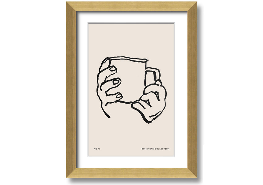 A beautifully framed print titled 'Cup In Hands', showcasing a unique artistic design, available in various frame colors.