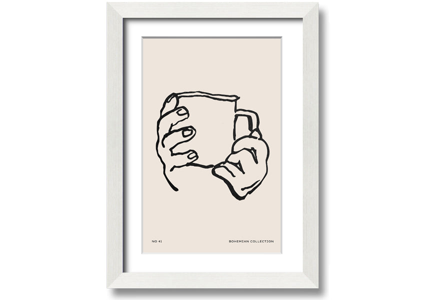 A beautifully framed print titled 'Cup In Hands', showcasing a unique artistic design, available in various frame colors.