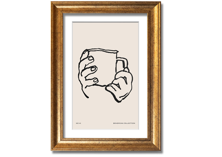 A beautifully framed print titled 'Cup In Hands', showcasing a unique artistic design, available in various frame colors.