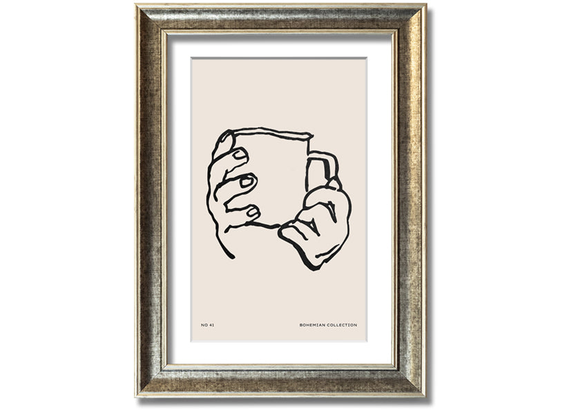 A beautifully framed print titled 'Cup In Hands', showcasing a unique artistic design, available in various frame colors.