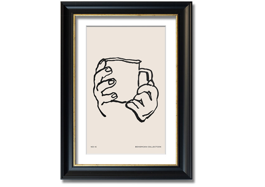 A beautifully framed print titled 'Cup In Hands', showcasing a unique artistic design, available in various frame colors.