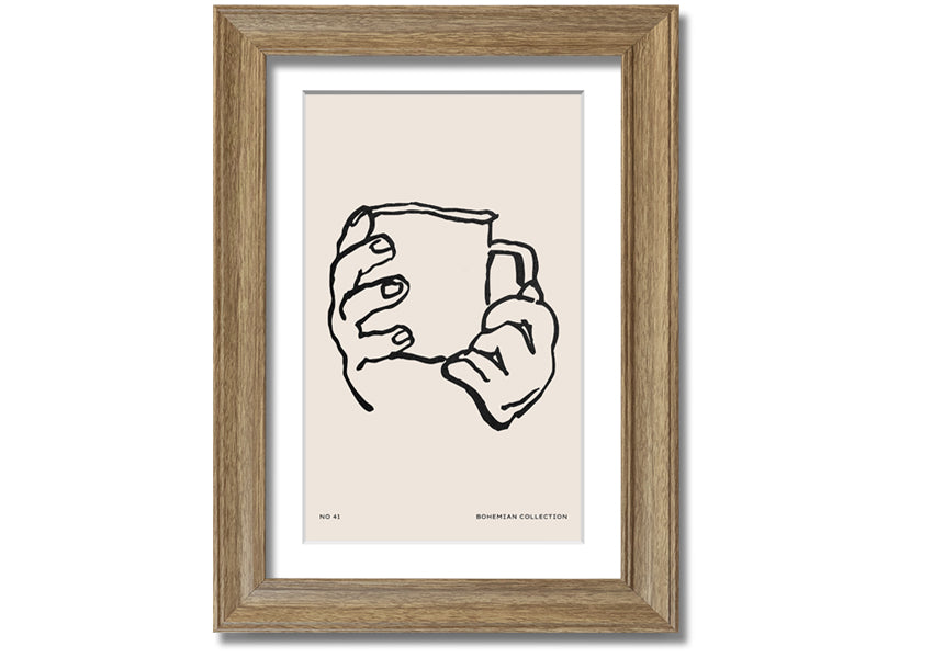 A beautifully framed print titled 'Cup In Hands', showcasing a unique artistic design, available in various frame colors.