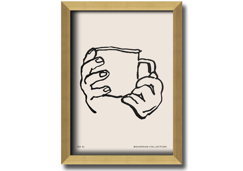 A beautifully framed print titled 'Cup In Hands', showcasing a unique artistic design, available in various frame colors.