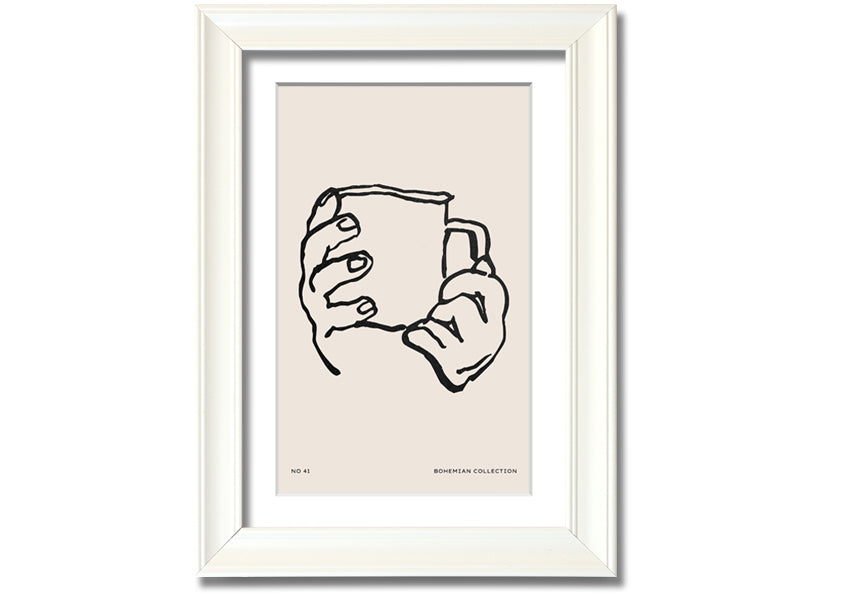 A beautifully framed print titled 'Cup In Hands', showcasing a unique artistic design, available in various frame colors.