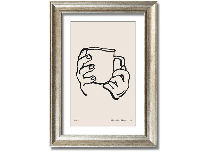 A beautifully framed print titled 'Cup In Hands', showcasing a unique artistic design, available in various frame colors.