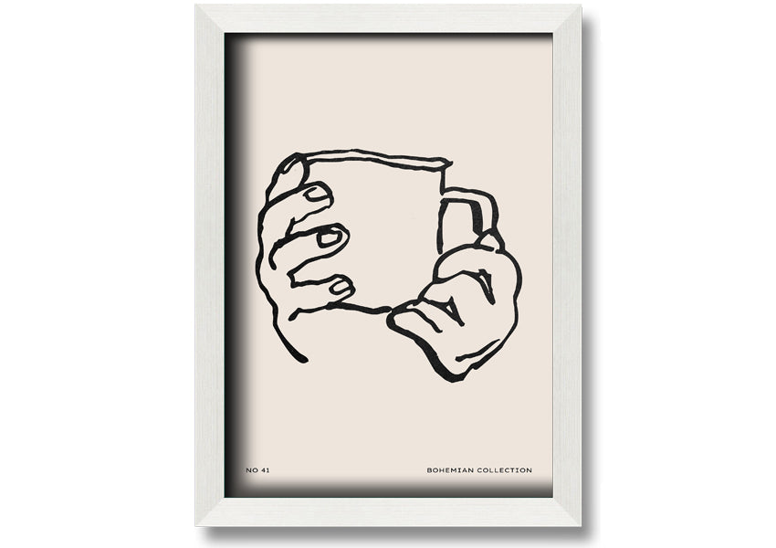 A beautifully framed print titled 'Cup In Hands', showcasing a unique artistic design, available in various frame colors.