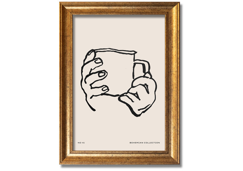 A beautifully framed print titled 'Cup In Hands', showcasing a unique artistic design, available in various frame colors.