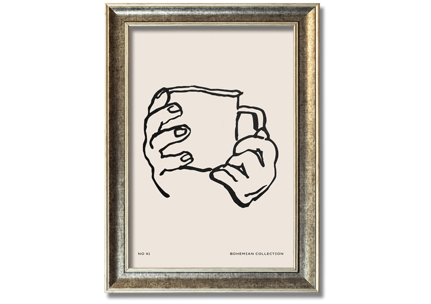 A beautifully framed print titled 'Cup In Hands', showcasing a unique artistic design, available in various frame colors.